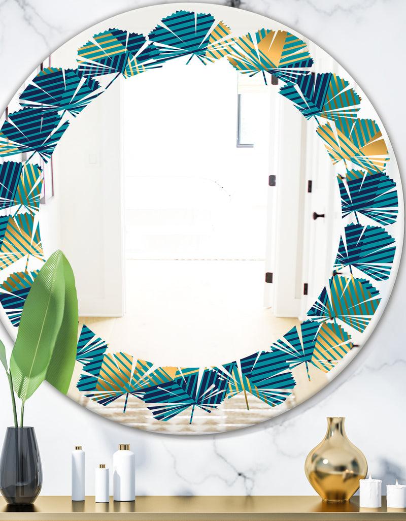 DesignQ Retro Luxury Waves In Gold and Blue VII - Modern Round or Oval Wall Mirror - Leaves