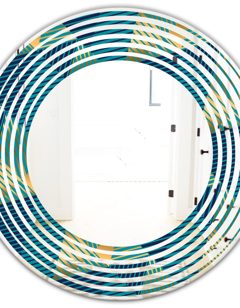 DesignQ Retro Luxury Waves In Gold And Blue VII - Modern Round Or Oval Wall Mirror - Wave