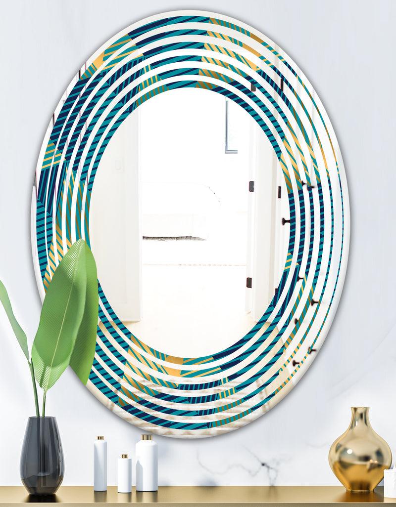 DesignQ Retro Luxury Waves In Gold And Blue VII - Modern Round Or Oval Wall Mirror - Wave