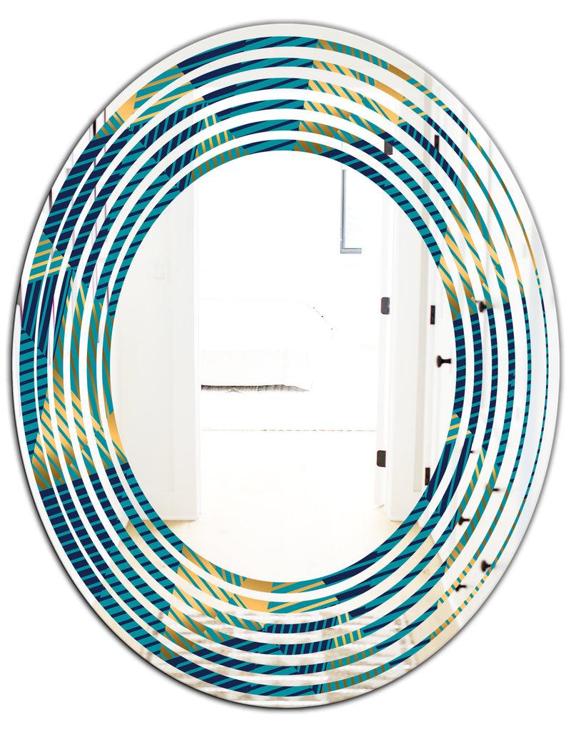 DesignQ Retro Luxury Waves In Gold And Blue VII - Modern Round Or Oval Wall Mirror - Wave