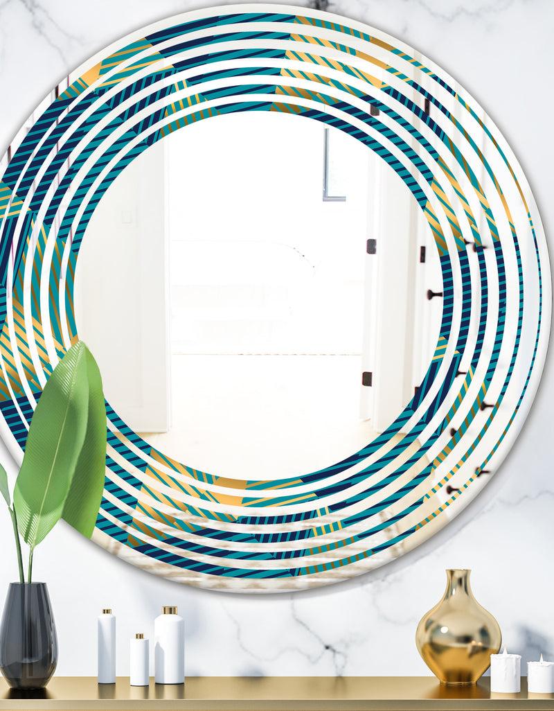 DesignQ Retro Luxury Waves In Gold and Blue VII - Modern Round or Oval Wall Mirror - Wave