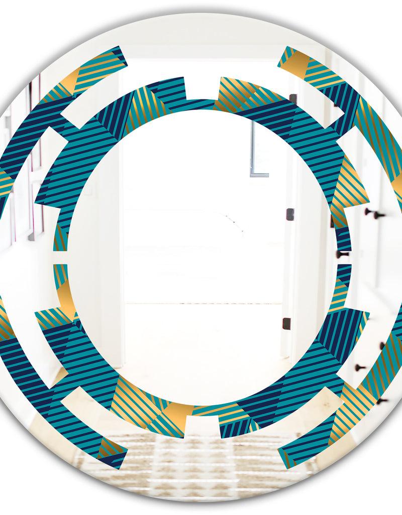 DesignQ Retro Luxury Waves In Gold And Blue VII - Modern Round Or Oval Wall Mirror - Space