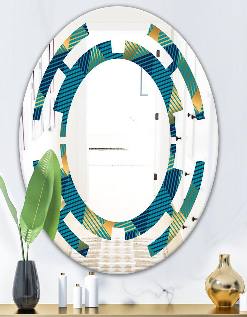 DesignQ Retro Luxury Waves In Gold And Blue VII - Modern Round Or Oval Wall Mirror - Space