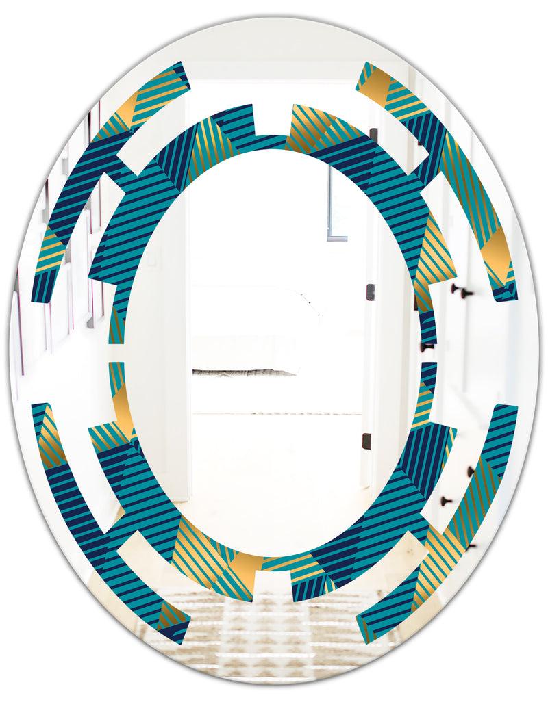 DesignQ Retro Luxury Waves In Gold And Blue VII - Modern Round Or Oval Wall Mirror - Space