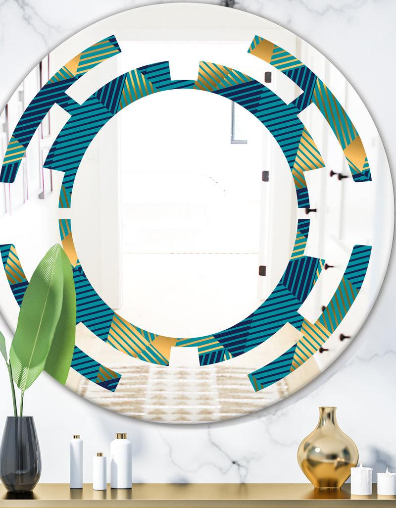 DesignQ Retro Luxury Waves In Gold and Blue VII - Modern Round or Oval Wall Mirror - Space