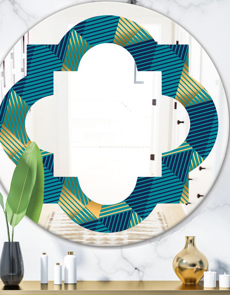 DesignQ Retro Luxury Waves In Gold and Blue VII - Modern Round or Oval Wall Mirror - Quatrefoil