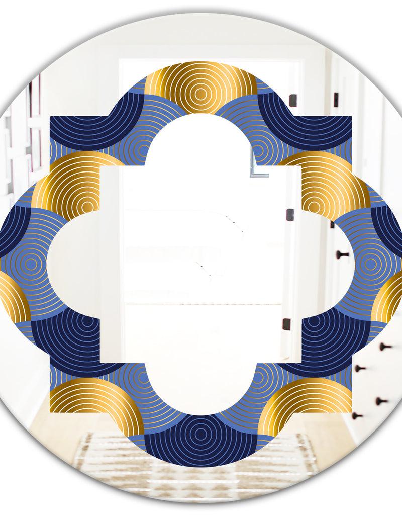 DesignQ Retro Luxury Waves In Gold And Blue VIII - Modern Round Or Oval Wall Mirror - Quatrefoil
