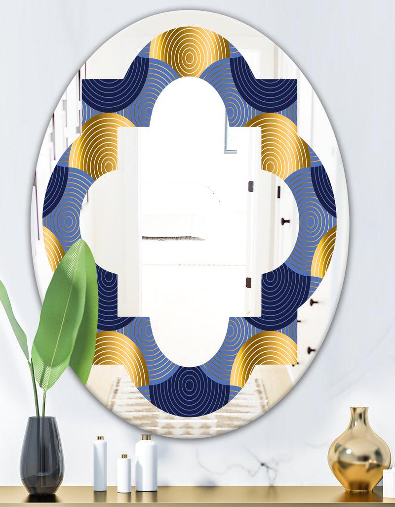 DesignQ Retro Luxury Waves In Gold And Blue VIII - Modern Round Or Oval Wall Mirror - Quatrefoil