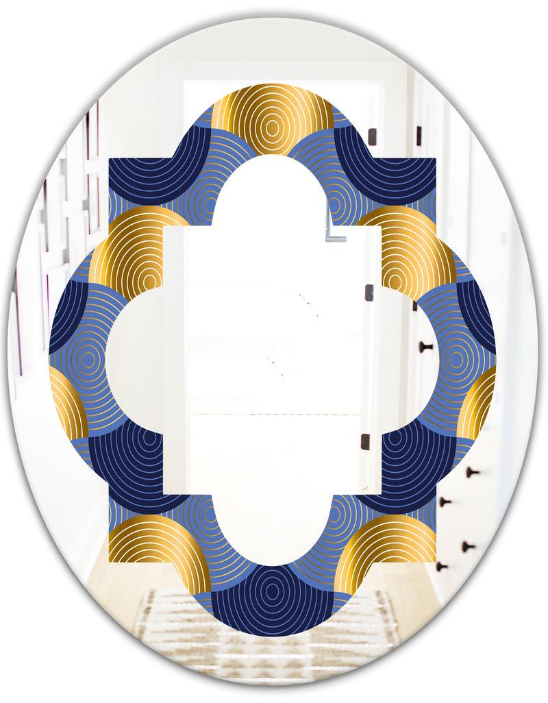 DesignQ Retro Luxury Waves In Gold And Blue VIII - Modern Round Or Oval Wall Mirror - Quatrefoil