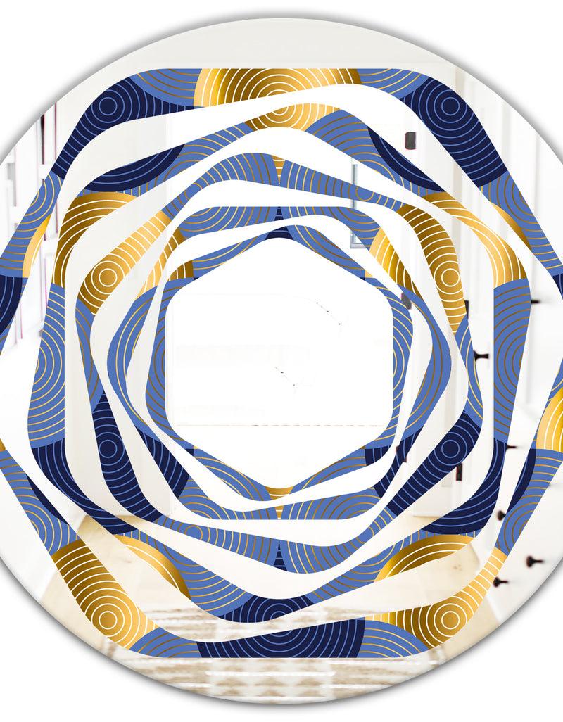 DesignQ Retro Luxury Waves In Gold And Blue VIII - Modern Round Or Oval Wall Mirror - Whirl