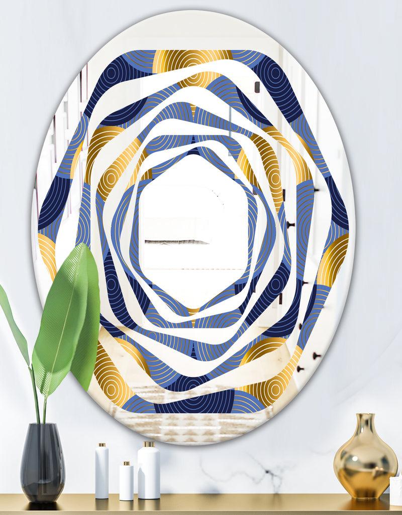DesignQ Retro Luxury Waves In Gold And Blue VIII - Modern Round Or Oval Wall Mirror - Whirl