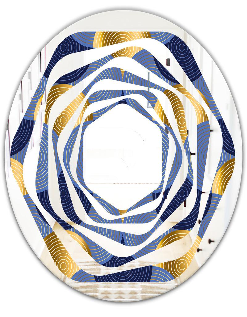 DesignQ Retro Luxury Waves In Gold And Blue VIII - Modern Round Or Oval Wall Mirror - Whirl