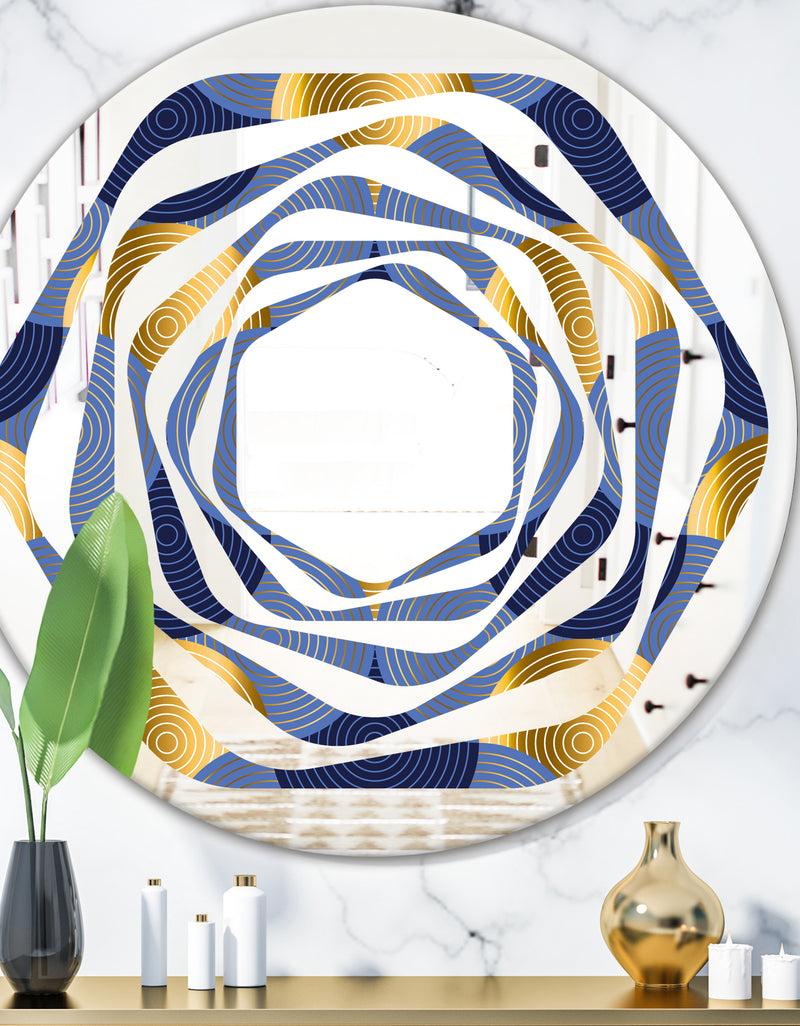 DesignQ Retro Luxury Waves In Gold and Blue VIII - Modern Round or Oval Wall Mirror - Whirl