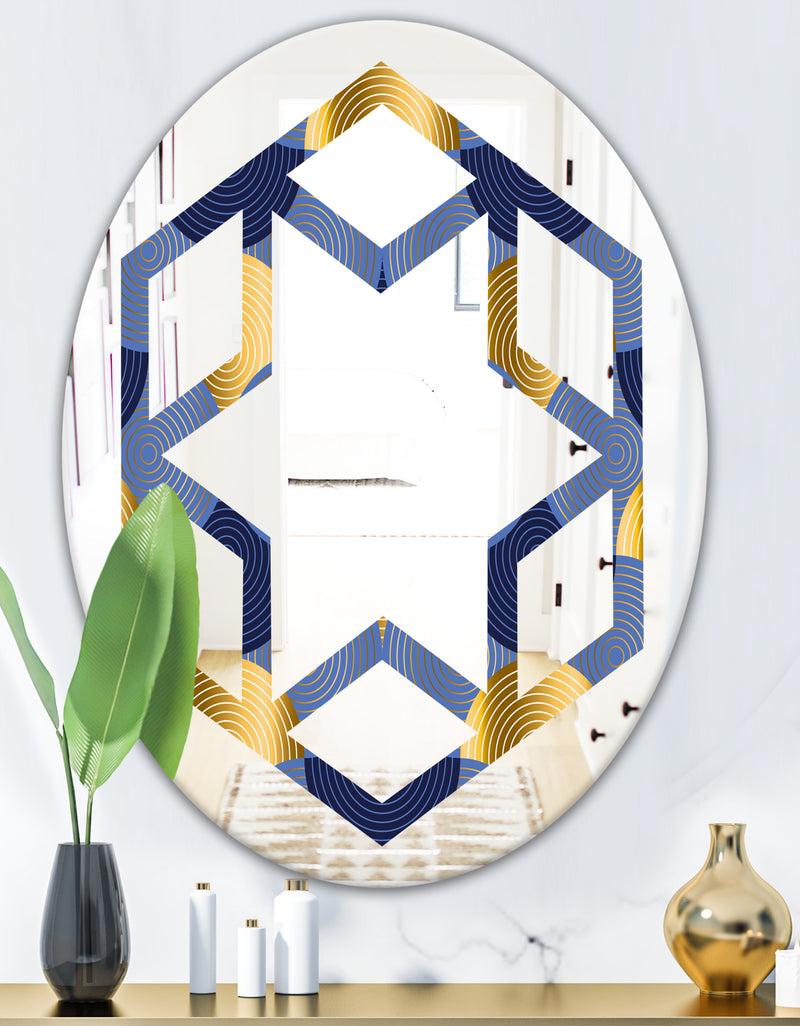 DesignQ Retro Luxury Waves In Gold And Blue VIII - Modern Round Or Oval Wall Mirror - Hexagon Star