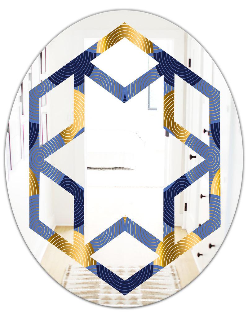 DesignQ Retro Luxury Waves In Gold And Blue VIII - Modern Round Or Oval Wall Mirror - Hexagon Star