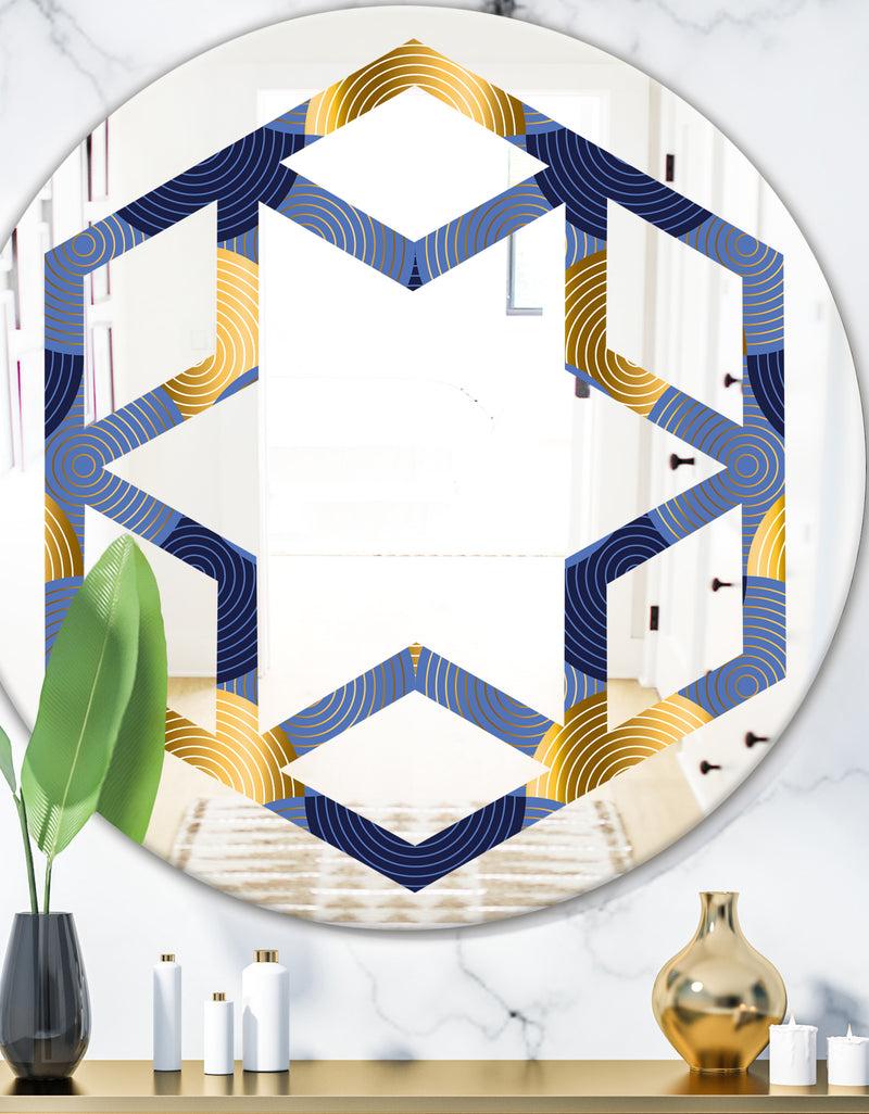 DesignQ Retro Luxury Waves In Gold and Blue VIII - Modern Round or Oval Wall Mirror - Hexagon Star
