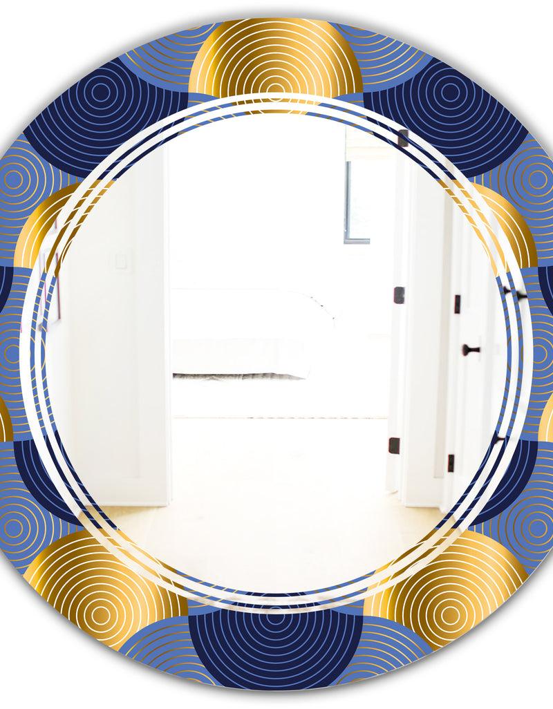 DesignQ Retro Luxury Waves In Gold And Blue VIII - Modern Round Or Oval Wall Mirror - Triple C