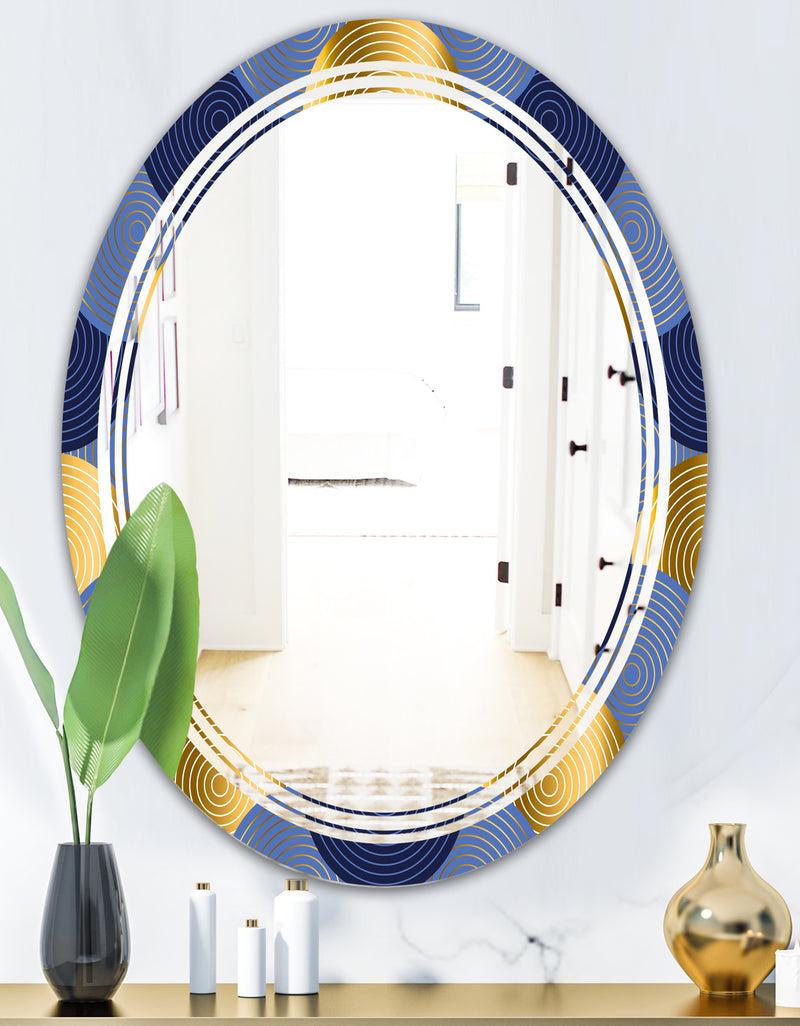 DesignQ Retro Luxury Waves In Gold And Blue VIII - Modern Round Or Oval Wall Mirror - Triple C