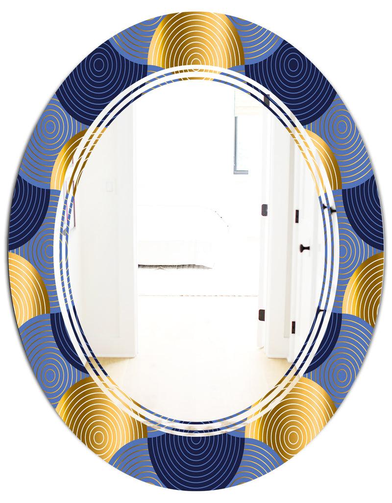 DesignQ Retro Luxury Waves In Gold And Blue VIII - Modern Round Or Oval Wall Mirror - Triple C