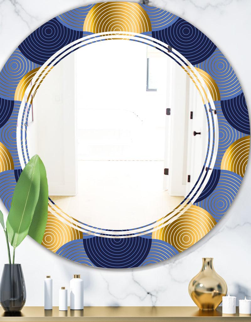 DesignQ Retro Luxury Waves In Gold and Blue VIII - Modern Round or Oval Wall Mirror - Triple C