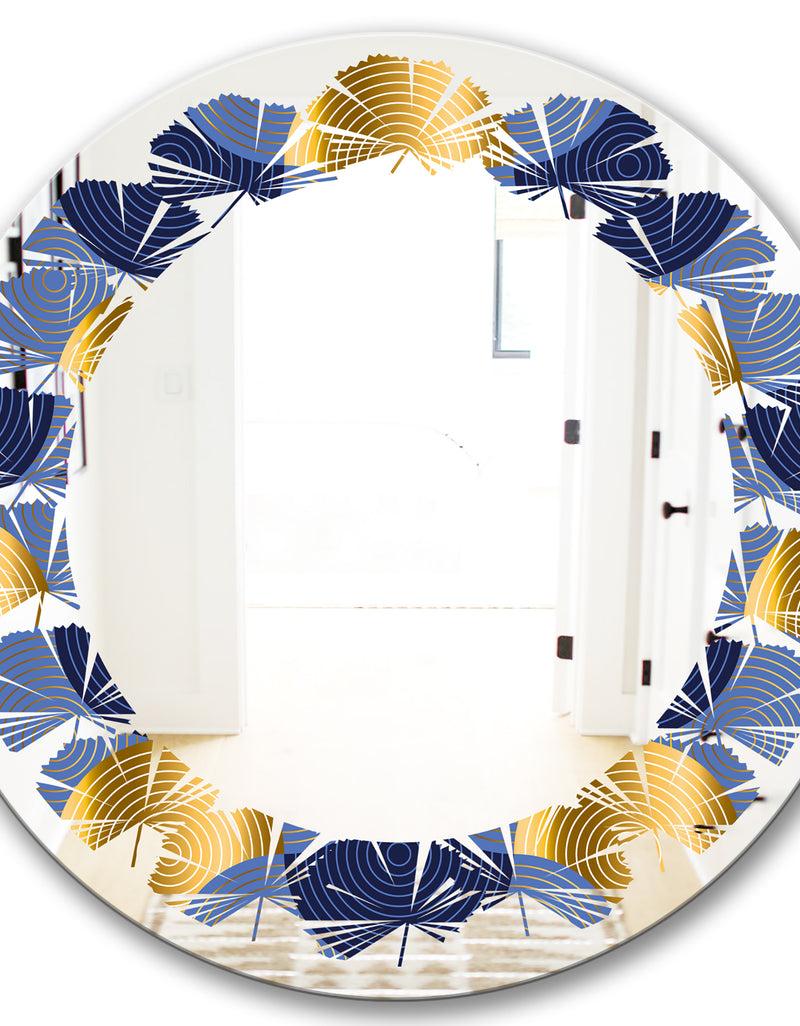 DesignQ Retro Luxury Waves In Gold And Blue VIII - Modern Round Or Oval Wall Mirror - Leaves
