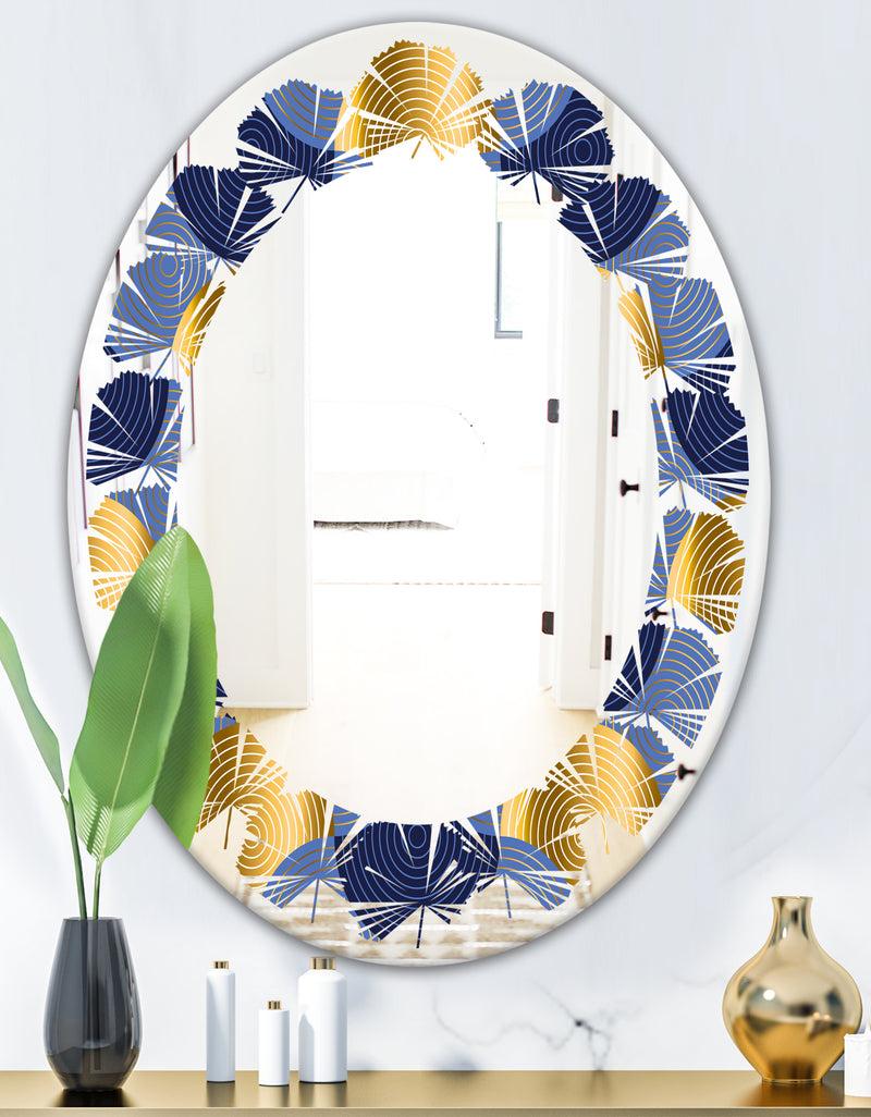 DesignQ Retro Luxury Waves In Gold And Blue VIII - Modern Round Or Oval Wall Mirror - Leaves