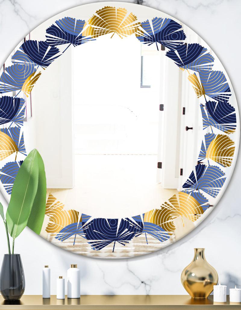 DesignQ Retro Luxury Waves In Gold and Blue VIII - Modern Round or Oval Wall Mirror - Leaves