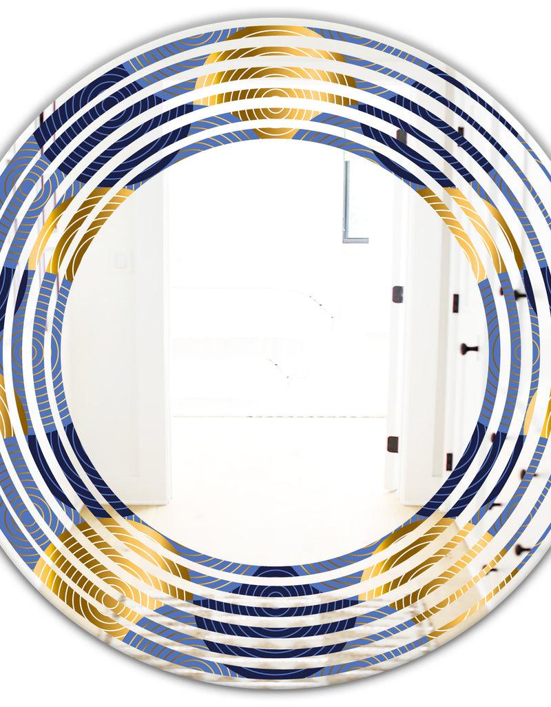 DesignQ Retro Luxury Waves In Gold And Blue VIII - Modern Round Or Oval Wall Mirror - Wave
