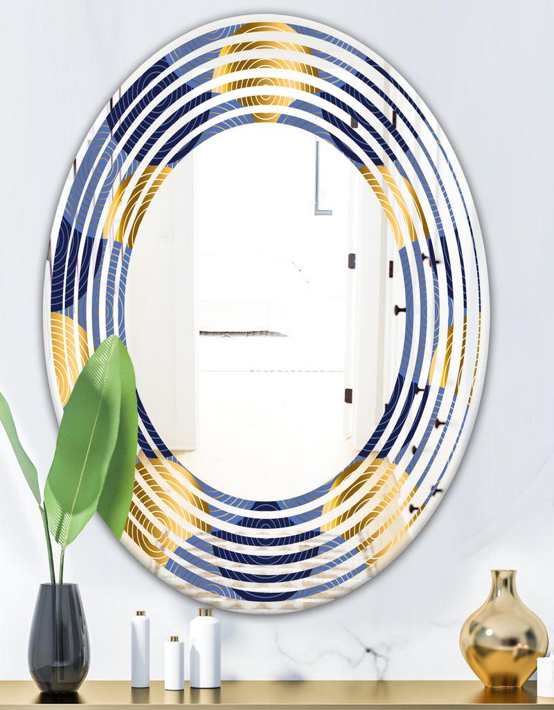 DesignQ Retro Luxury Waves In Gold And Blue VIII - Modern Round Or Oval Wall Mirror - Wave