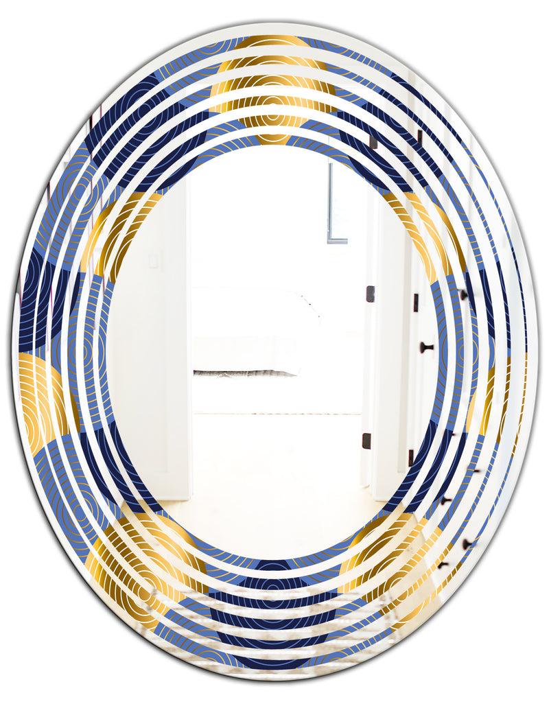 DesignQ Retro Luxury Waves In Gold And Blue VIII - Modern Round Or Oval Wall Mirror - Wave