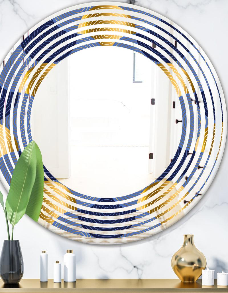 DesignQ Retro Luxury Waves In Gold and Blue VIII - Modern Round or Oval Wall Mirror - Wave