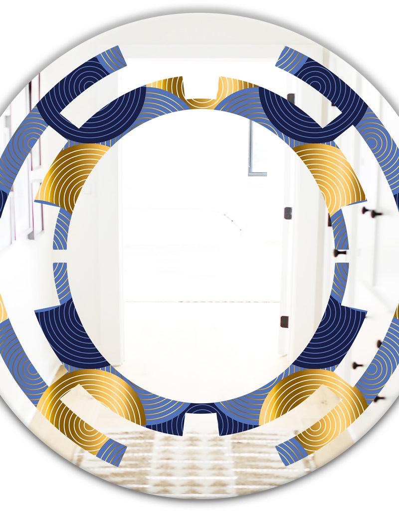 DesignQ Retro Luxury Waves In Gold And Blue VIII - Modern Round Or Oval Wall Mirror - Space