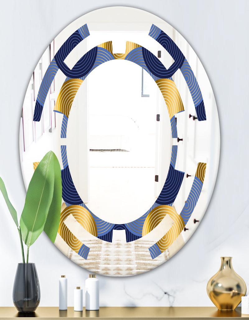 DesignQ Retro Luxury Waves In Gold And Blue VIII - Modern Round Or Oval Wall Mirror - Space