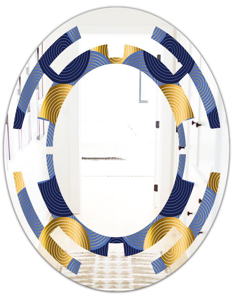 DesignQ Retro Luxury Waves In Gold And Blue VIII - Modern Round Or Oval Wall Mirror - Space