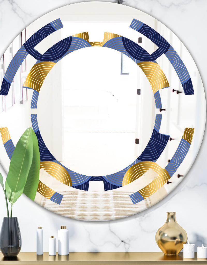 DesignQ Retro Luxury Waves In Gold and Blue VIII - Modern Round or Oval Wall Mirror - Space