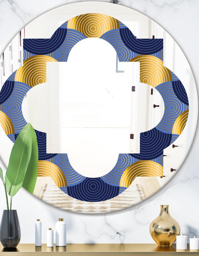DesignQ Retro Luxury Waves In Gold and Blue VIII - Modern Round or Oval Wall Mirror - Quatrefoil