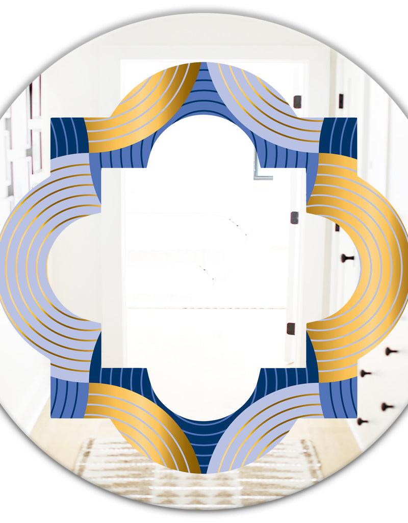 DesignQ Retro Luxury Waves In Gold And Blue X - Modern Round Or Oval Wall Mirror - Quatrefoil