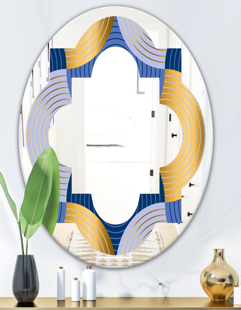 DesignQ Retro Luxury Waves In Gold And Blue X - Modern Round Or Oval Wall Mirror - Quatrefoil