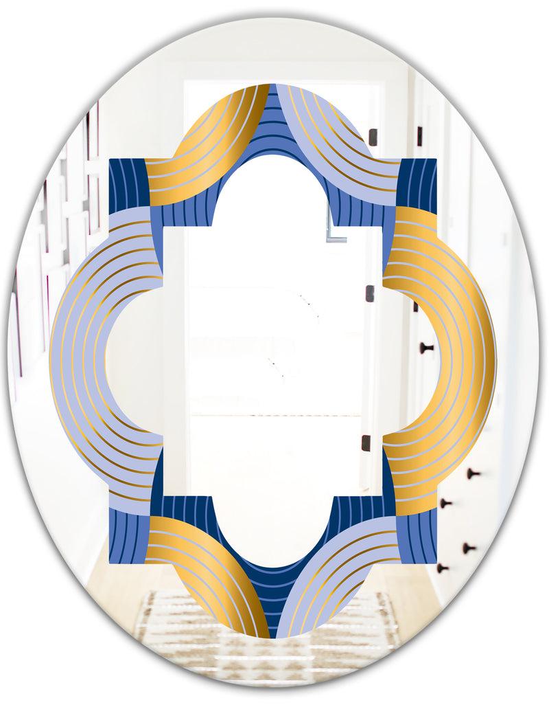 DesignQ Retro Luxury Waves In Gold And Blue X - Modern Round Or Oval Wall Mirror - Quatrefoil