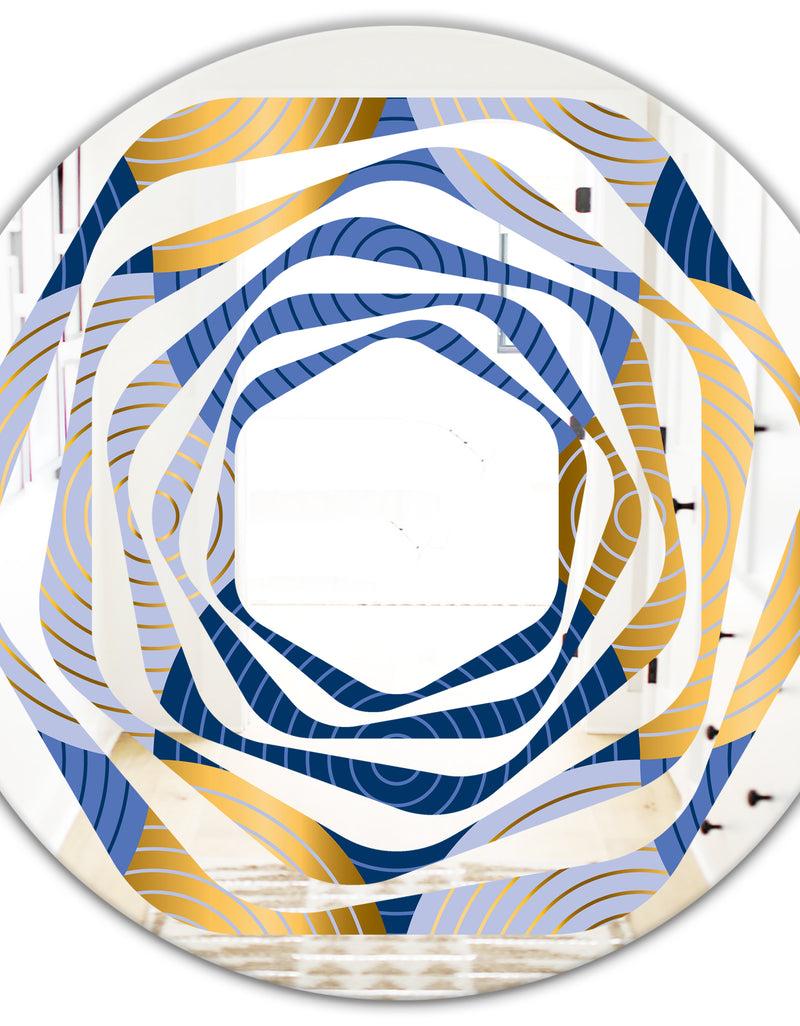 DesignQ Retro Luxury Waves In Gold And Blue X - Modern Round Or Oval Wall Mirror - Whirl