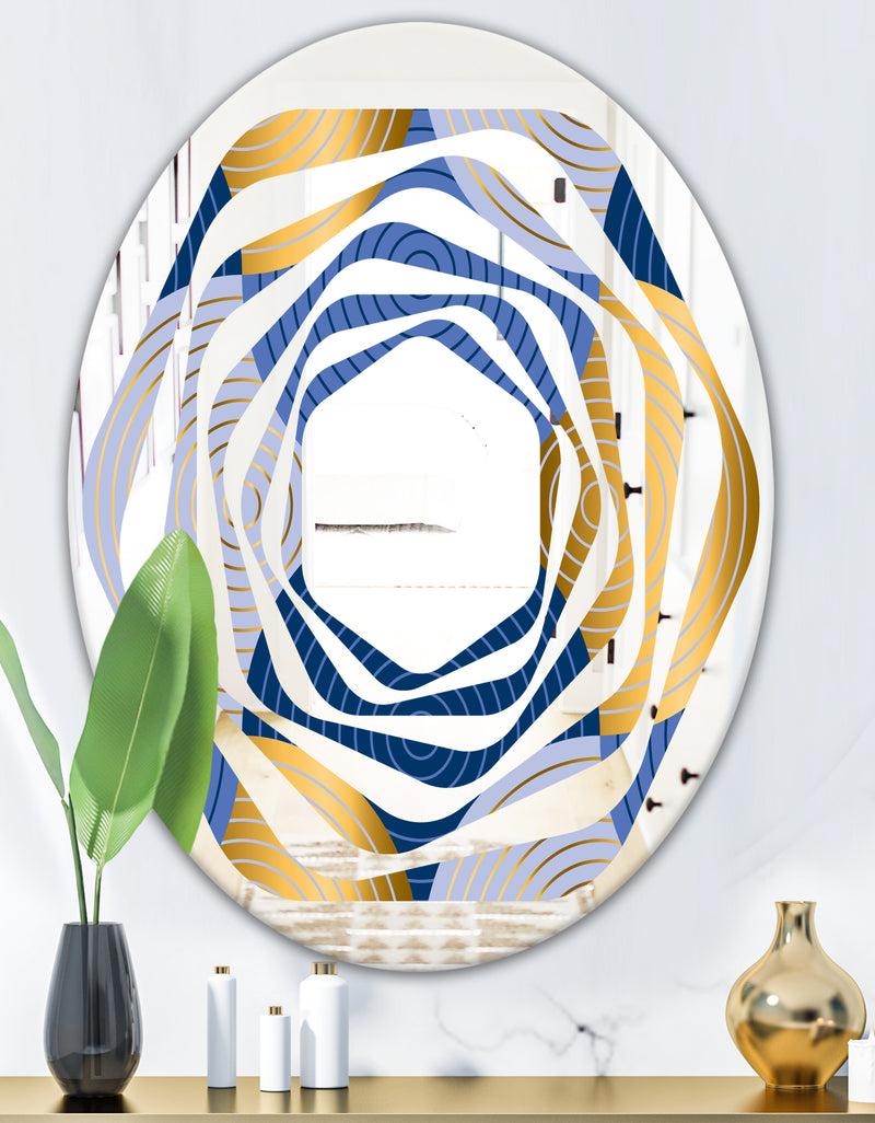 DesignQ Retro Luxury Waves In Gold And Blue X - Modern Round Or Oval Wall Mirror - Whirl