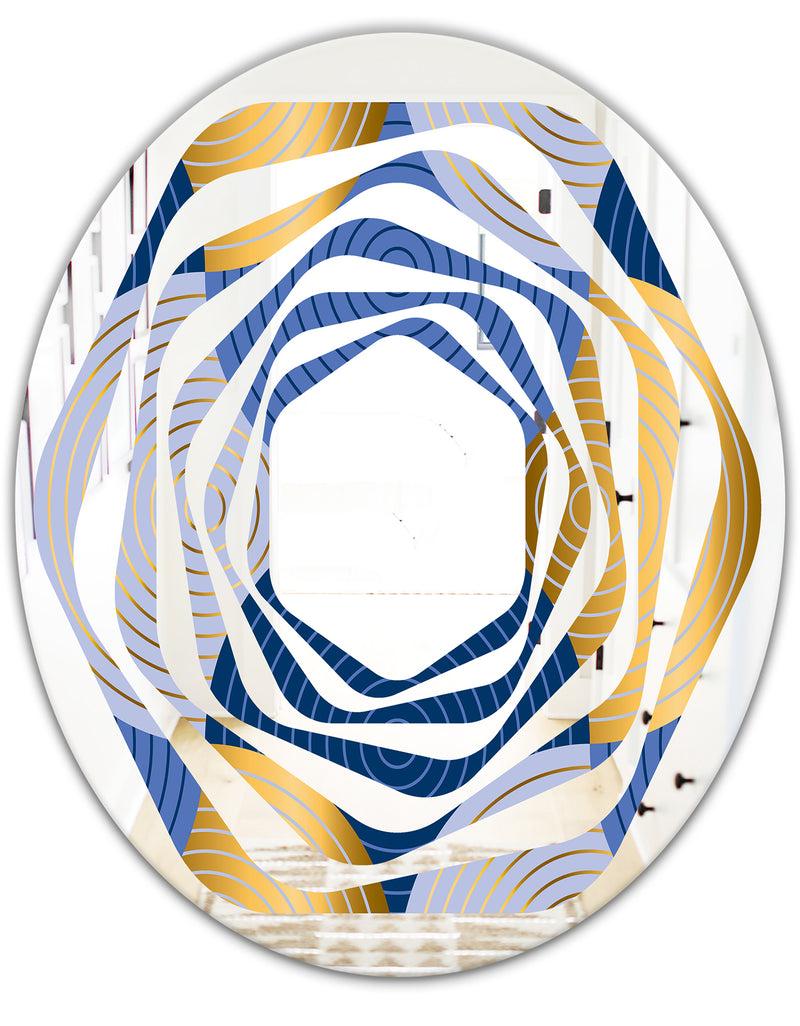 DesignQ Retro Luxury Waves In Gold And Blue X - Modern Round Or Oval Wall Mirror - Whirl