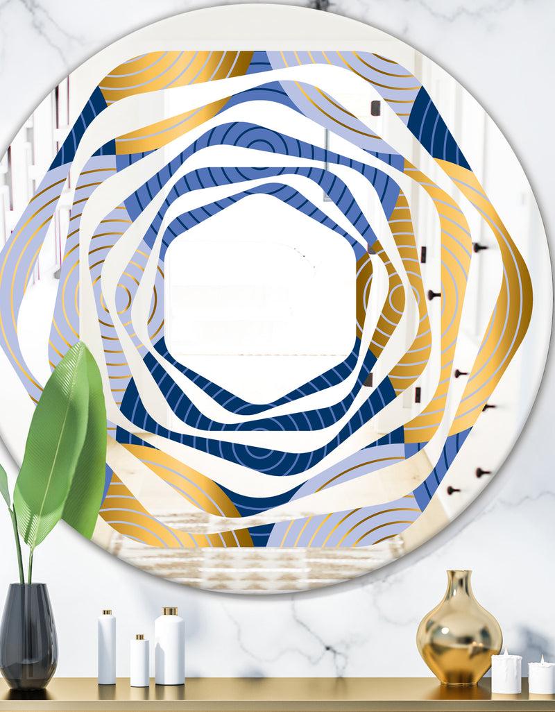 DesignQ Retro Luxury Waves In Gold and Blue X - Modern Round or Oval Wall Mirror - Whirl