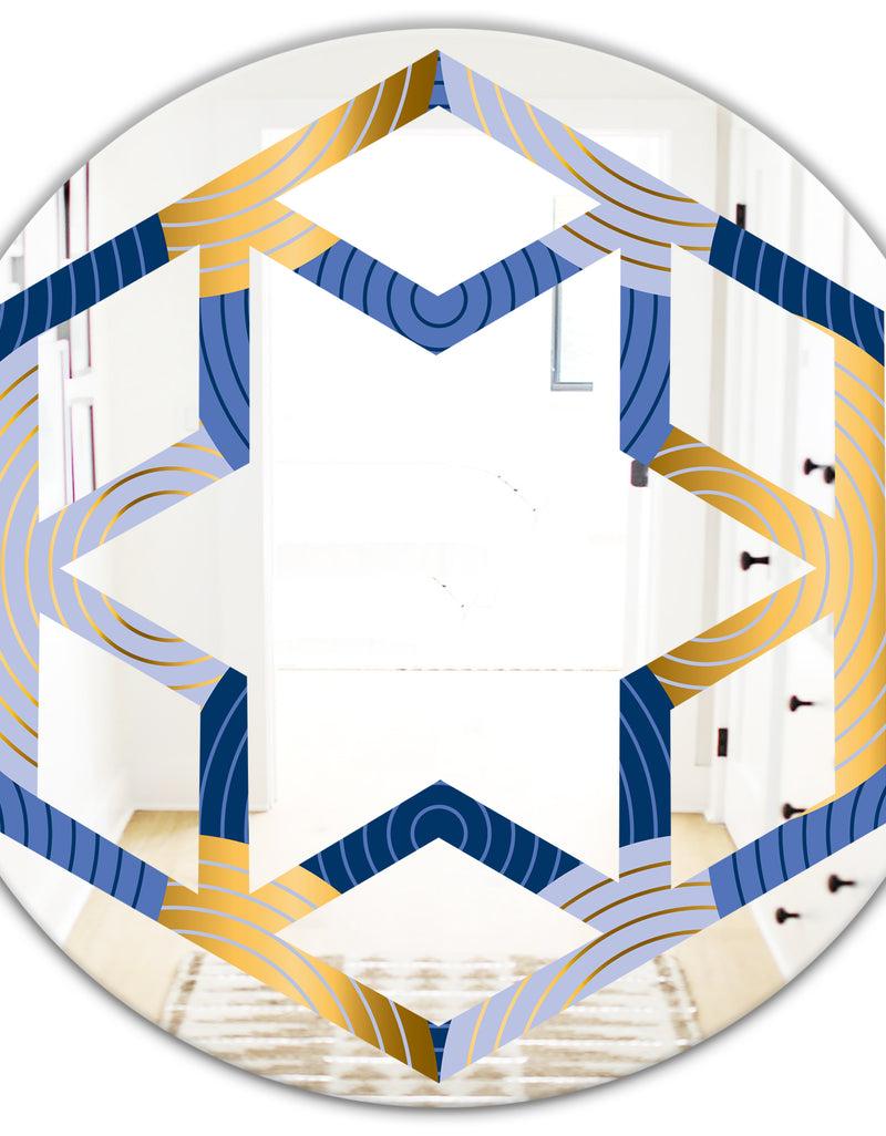 DesignQ Retro Luxury Waves In Gold And Blue X - Modern Round Or Oval Wall Mirror - Hexagon Star