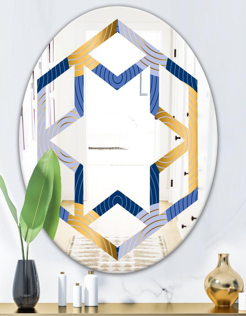 DesignQ Retro Luxury Waves In Gold And Blue X - Modern Round Or Oval Wall Mirror - Hexagon Star