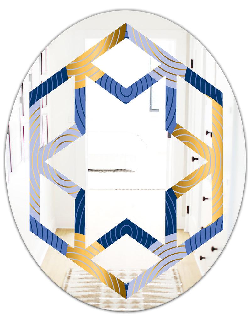 DesignQ Retro Luxury Waves In Gold And Blue X - Modern Round Or Oval Wall Mirror - Hexagon Star