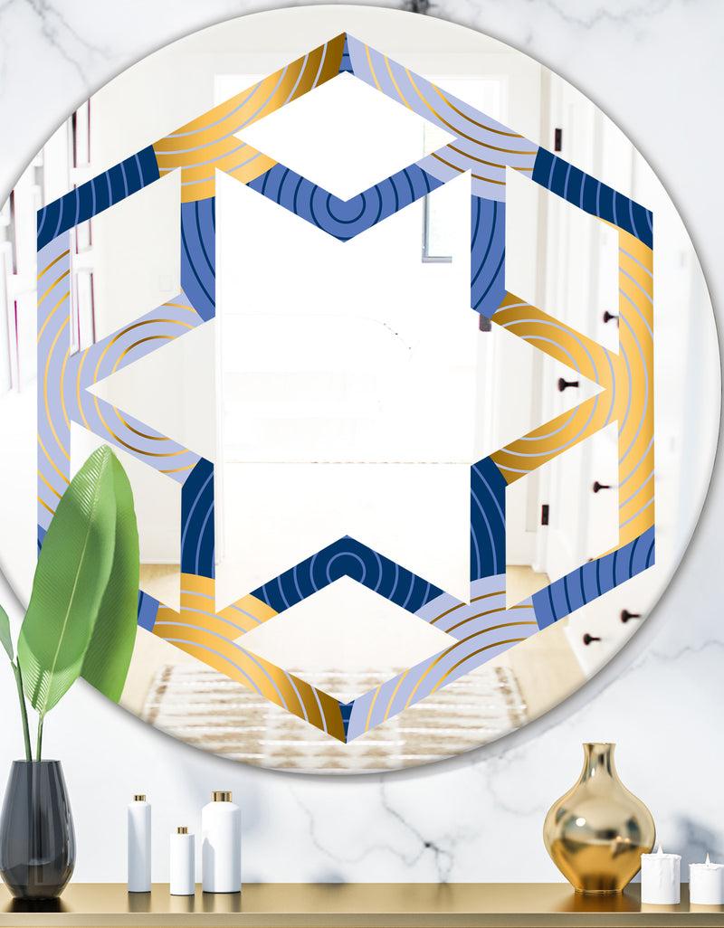 DesignQ Retro Luxury Waves In Gold and Blue X - Modern Round or Oval Wall Mirror - Hexagon Star