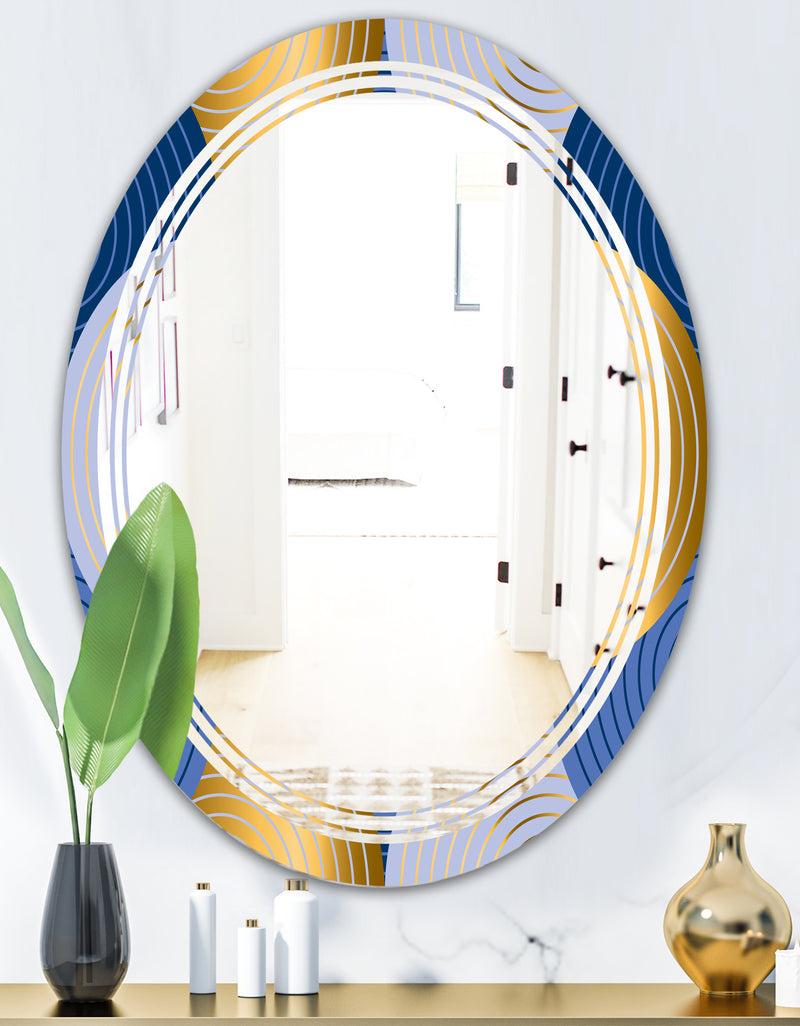 DesignQ Retro Luxury Waves In Gold And Blue X - Modern Round Or Oval Wall Mirror - Triple C