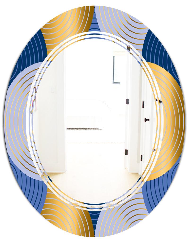 DesignQ Retro Luxury Waves In Gold And Blue X - Modern Round Or Oval Wall Mirror - Triple C