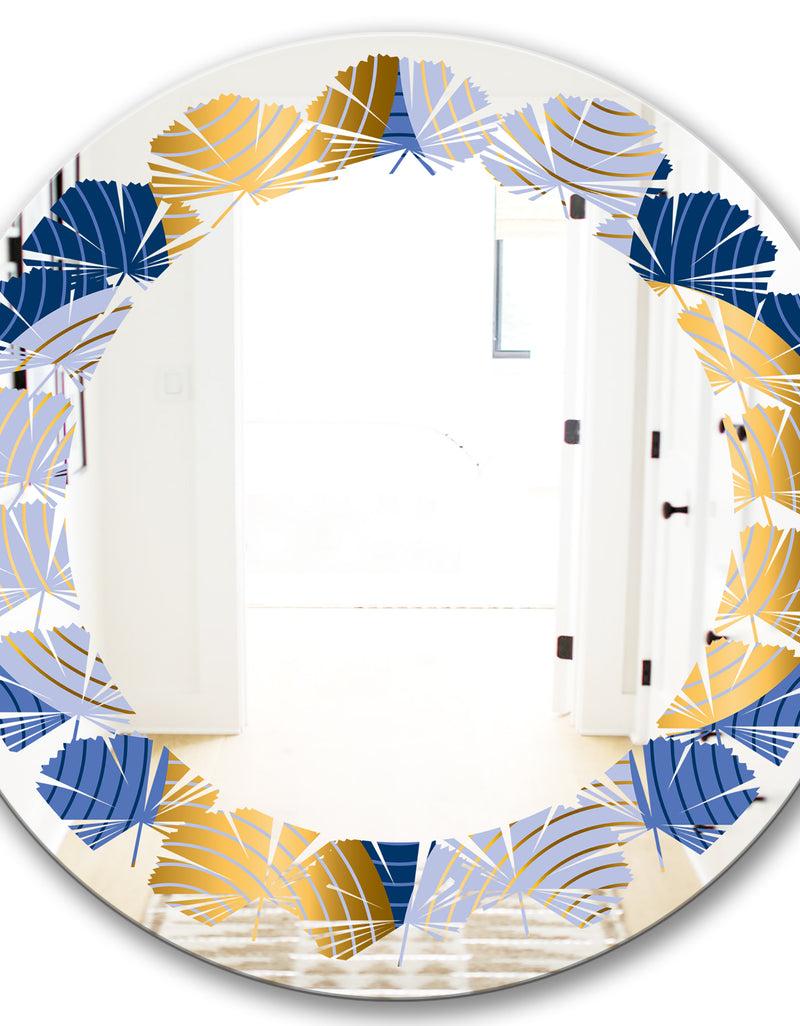 DesignQ Retro Luxury Waves In Gold And Blue X - Modern Round Or Oval Wall Mirror - Leaves
